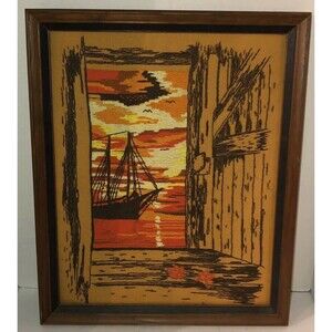 VTG 70s SUNSET Nautical Ship Completed Framed Crewel Creative Stitchery 18”x22”